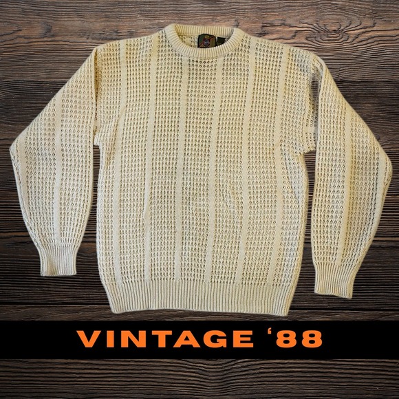 Saturdays Sweaters - Vintage Saturdays Cream Knit Crew Neck Sweater Medium Acrylic Pullover 80s 1988